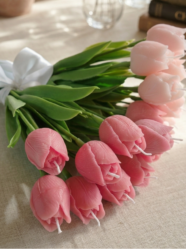 🌸 Blush Tulip Candle Bouquet – Full Bloom ✨